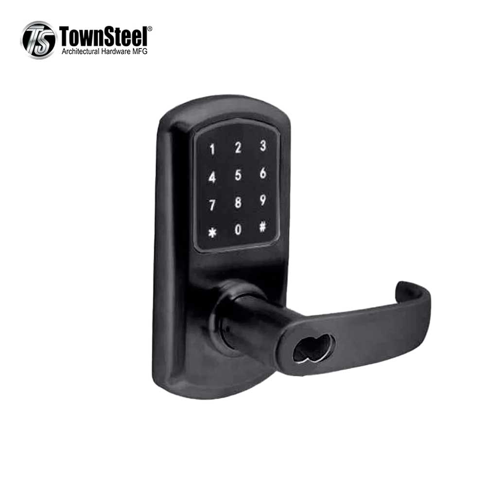 TownSteel - e-Elite 4000 Series - Electronic Push Button Lever Set - RFID - IC Core (SFIC) - 2-3/4â€³ Backset - Rigid Lever Set - Flat Black - Key Override - Grade 1 - EE41T-SRH-622-SFIC