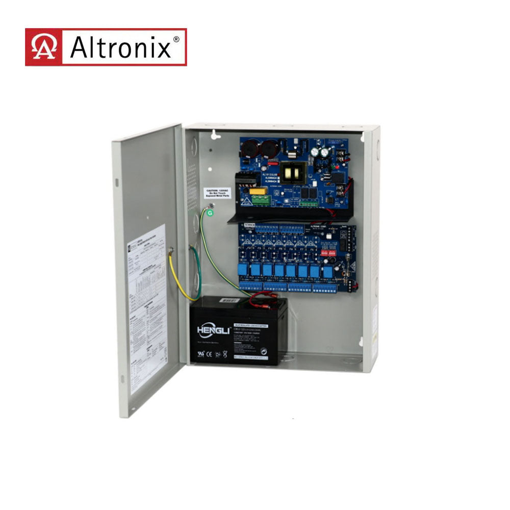 Altronix - AL1012ULACMCB - Power Supply or Access Power Controller - Input 115VAC 60Hz at 2.6A - 8 PTC Outputs - 12VDC at 10A - Grey Enclosure