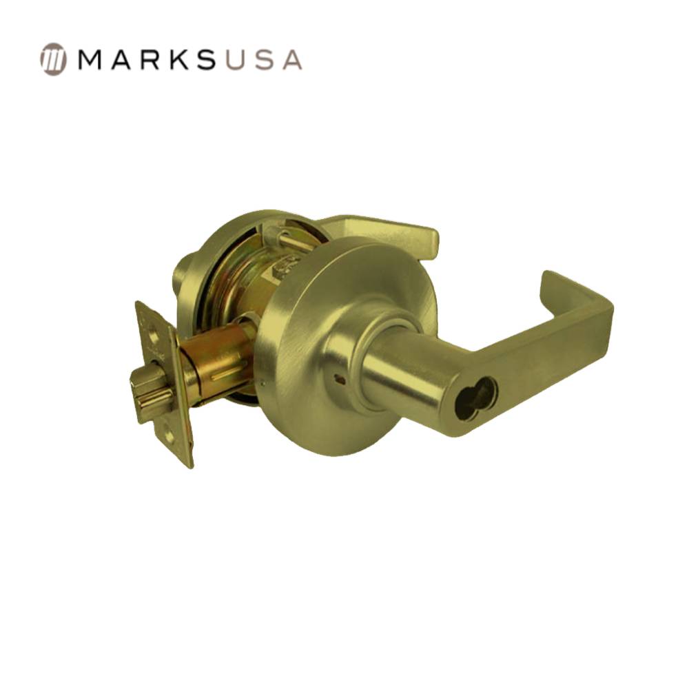 Marks USA - 195RAB - Entrance/Office Function Cylindrical Lock - Schlage FSIC Less Core - American Lever 6-Pin - 3-7/16 Rose Diameter - 2-3/4 Backset - Non-Handed - F109 ANSI - Grade 1 - Bright Brass