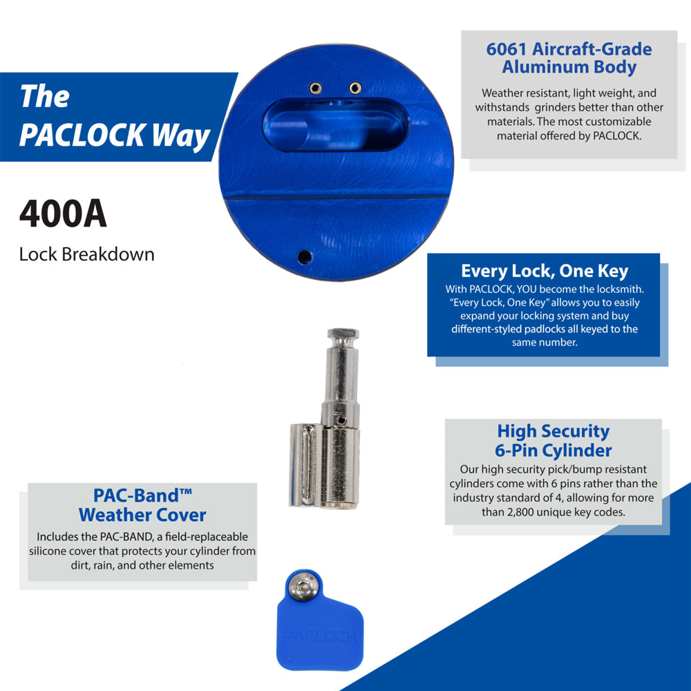 PACLOCK Hidden-Shackle Aluminum Stepped Back Hockey-Puck-Style Lock with PR2 Keyway 400A Series - Hardened Steel Shackles